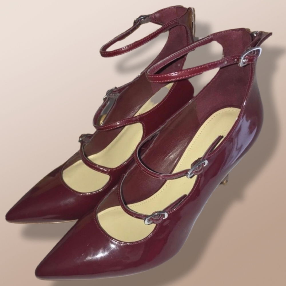 MARC FISHER Burgundy Patent Leather Strappy Pointed Toe Heels Ankle Strap Size 8 - Picture 6 of 13